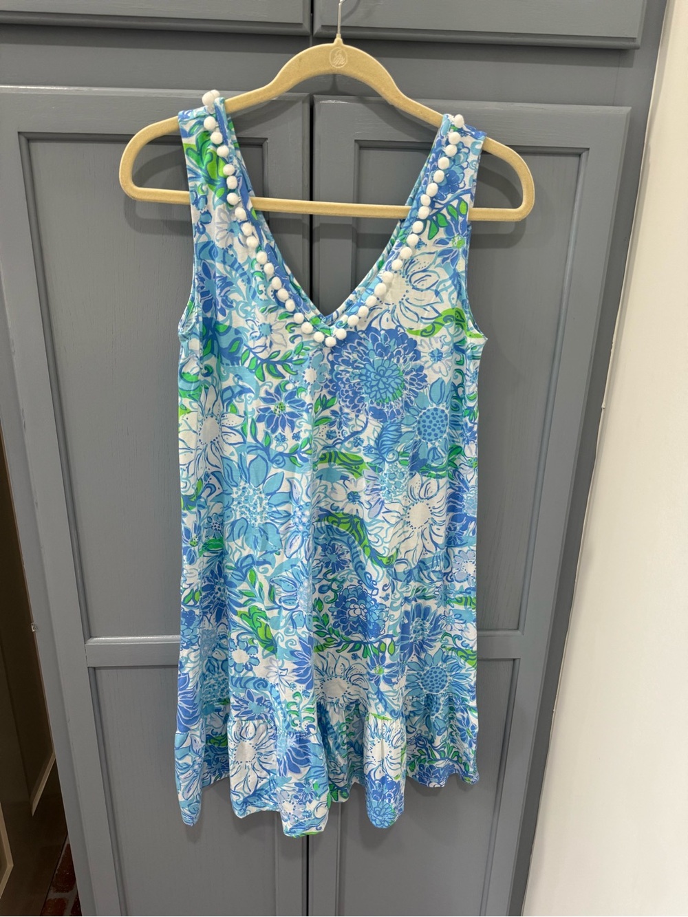 Lilly Pulitzer Blue, White & Green Floral Pom-Pom Trim Midi Dress